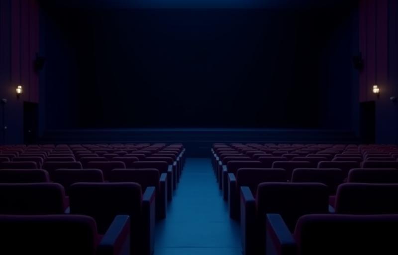 Wide shot of a modern cinema hall with empty seats.