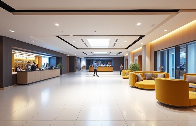 Spacious and well-lit cinema lobby area.