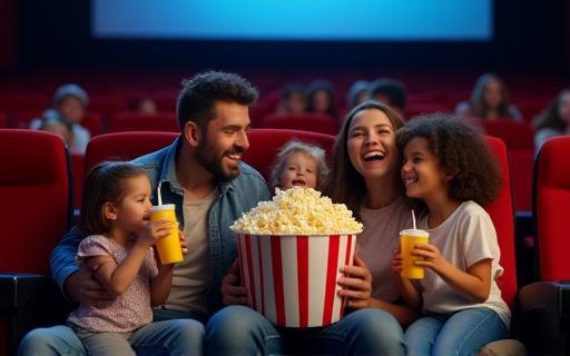 Family enjoying popcorn and drinks at the cinema.